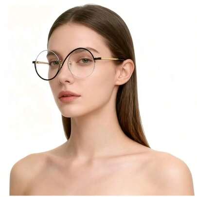Ochelari de vedere cu oglindă simplă, personalizați, în formă de S, cu jumătate de ramă circulară din metal, la modă, unisex, simplu și versatil, pentru purtare zilnică, pentru fotografii stradale de cupluri, ochelari fără prescripție medicală pentru petreceri în aer liber