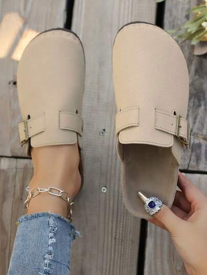 2025春秋新款女式大码勃肯复古无后跟套脚厚底休闲百搭凉鞋，欧美风格