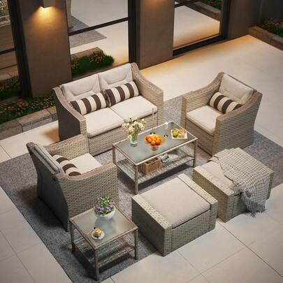 Outdoor Patio Sofa Set, 7/5/4/3/2 Piece Patio Conversation Set Outdoor Furniture Set, Wicker Lounge Chair With Ottoman Footrest, Coffee Table & Cushions (Brown/Grey)