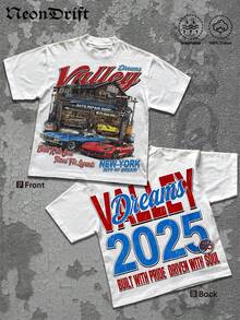 Y2K,Printed With Patterns Of A Vintage - Style Auto Repair Shop, Along With The Words 'Dreams Valley',Fashionable Cotton Men's T-Shirt, , Surprise Gift For Friends And Family, Drop Shoulder Sleeves Round Neck - 白色 - 查看 1