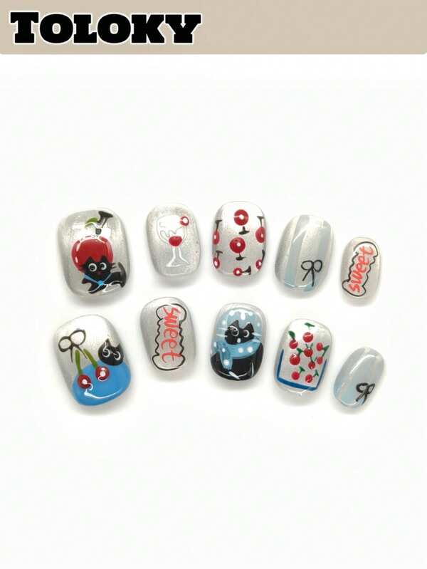 10pcs Handmade Press On Nails Short Nails Oval Nails Tips Silver Bows Cartoon Hand-Painted With 3pcs Nail Art Tools Nail Glue Nail Supplies Fake Nails For Women And Girls To Party Travel Daily School Flower Stripe Apple BlackCat Cherry Polka Dot Nails Press On Nails Nail Supplies Nails Press On Nail Charms Press On Nails Short Fake Nails Nail Accessoriesnail Art