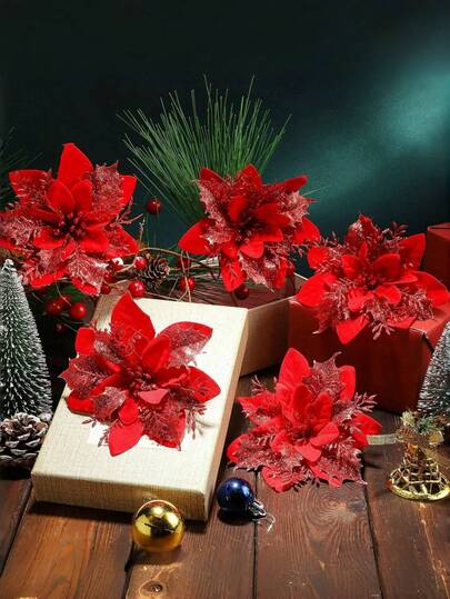 10/30Pcs Red Poinsettias Artificial Christmas Flowers With Clips, 5.5" Glitter Artificial Flower Poinsettia Decorations Christmas Tree Flower For Xmas Wreath Garland Holiday Decor Home Decor Christmas Decorations Room Decor