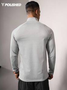 Manfinity Sport Polished 男士纯色长袖休闲运动 T 恤，简约时尚，适合日常穿着，四向弹力材质，吸汗，轻盈简约设计，四分之一拉链，修身版型，适合健身运动 - T