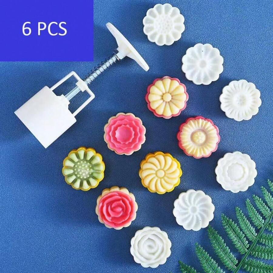 Mooncake Mold With 6 Stamps,Mid-Autumn Festival Hand-Pressure Flower Moon Cake Mould 50g DIY Decoration Mooncake Press Molds - 花 - 查看 1