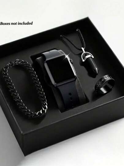 4/1套装，男孩时尚简约经典LED数字显示方形电子表，适合男孩佩戴。附赠奢华时尚手链、项链和戒指套装。适合学生佩戴，非常适合返校、聚会和旅行等日常生活。非常适合作为朋友礼物、生日礼物、毕业季礼物或圣诞节礼物。是送给男孩的完美礼物。