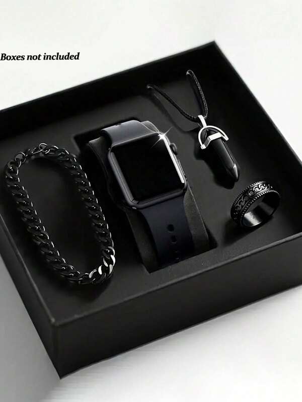 4/1 Set Jungen Mode einfache klassische LED Digital Anzeige quadratische elektronische Uhr, geeignet für Jungen zum Tragen. Es kommt mit einem luxuriösen Mode Armband, Halskette und Ring Set. Es ist geeignet für Studenten und sehr geeignet für den täglichen Gebrauch wie Schulrückkehr, Partys und Reisen. Es ist sehr geeignet als Geschenk für Freunde, Geburtstagsgeschenke, Abschlussgeschenke, Weihnachtsgeschenke. Es ist das perfekte Geschenk für Jungen.