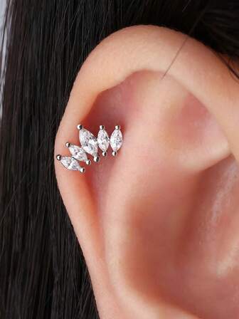 1Pc Cartilage Earrings For Women, Silver Color Fashion Sparkling Marquise Zirconia For Women's Stud Earrings, Stud Earrings Forward Helix Tragus Daith Piercing Jewelry