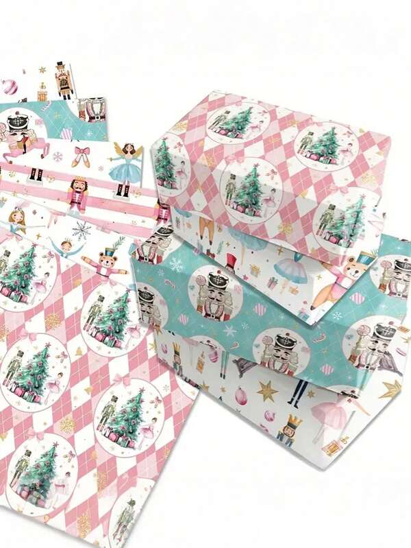 12pcs/6pcs Christmas Gift Wrapping Paper, Including Walnut Tongs, Zebra And Christmas Tree Designs,20 X 28 Inches, Art Handicrafts, Suitable For Winter Break, Family Gatherings, Baby Showers, Christmas Design Gift Wrapping Paper, Christmas Party Supplies, Christmas Winter Party DIY Handicrafts - Mixed Color Holiday Party Preference Box Decoration Supplies