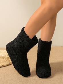 Botas Cano Médio Forradas Termicamente de Tecido Boêmio de Cor Sólida para Mulheres, Uso Doméstico, Outono/Inverno