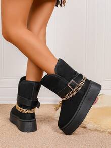 Stivali da neve invernali da donna, stivali alla moda con decorazione in metallo nero, stivali alla caviglia e stivali corti con suola spessa, altezza metà polpaccio, fodera termica, caldi e adatti per uso esterno