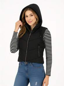 SAKERS OUTDOOR CLOTHING Chaleco informal de cuello alto para mujer, con bolsillos con cremallera, largo regular, tejido revestido, ligeramente elástico Chaleco Acolchado Dama Invierno Casual Moda, Capucha Sakers - Negro - Ver 4