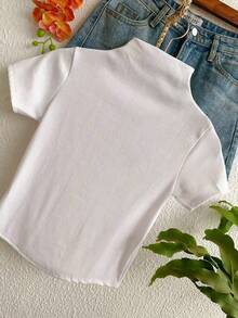 Short Sleeve High Neck Crop Top - Cream - View 1