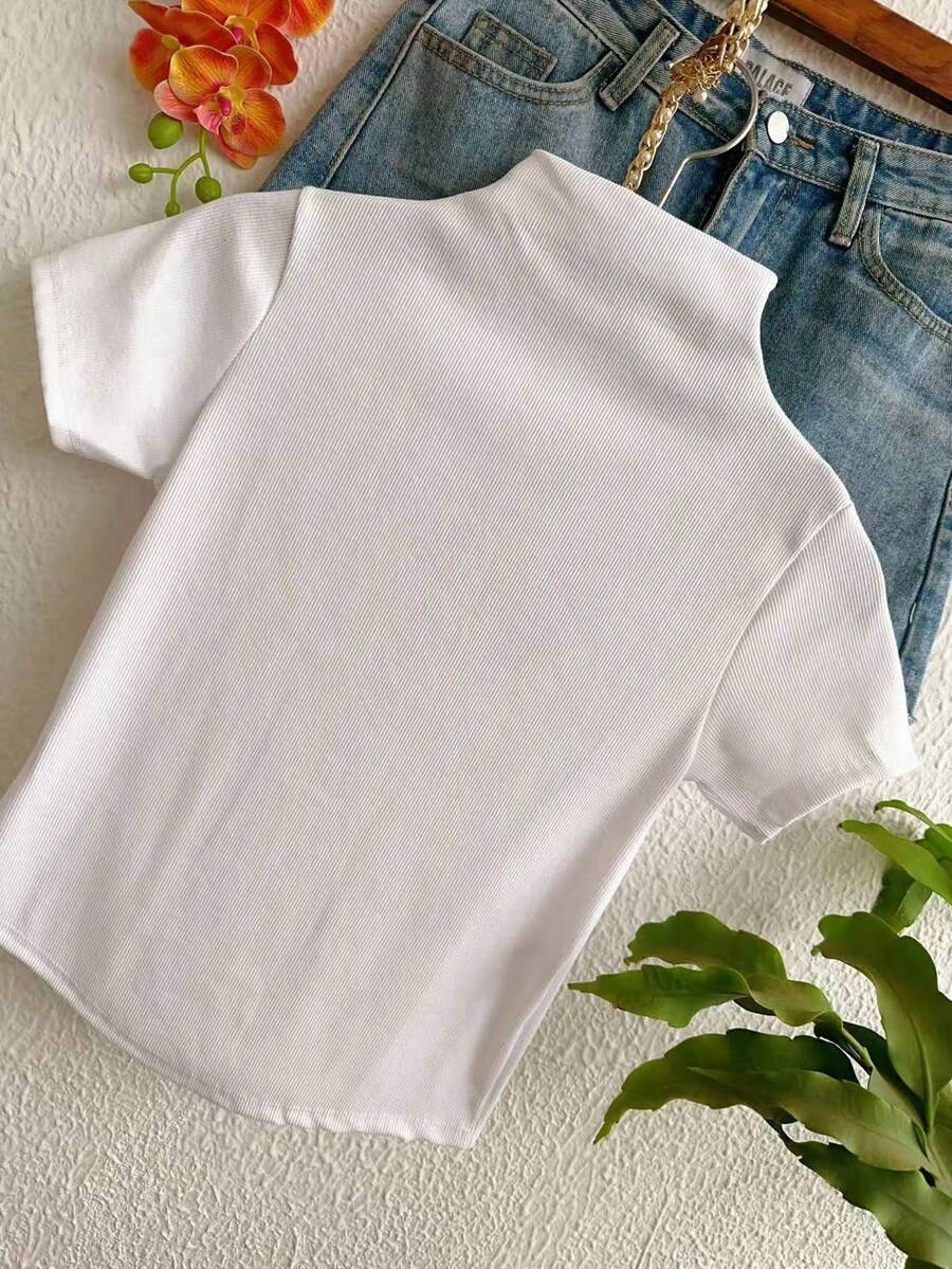 Short Sleeve High Neck Crop Top - Cream - View 1
