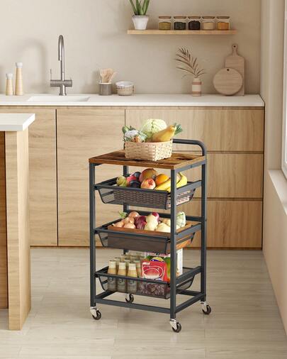 Carrello da Cucina a 4 Ripiani, con Cesti Scorrevoli, Carrellino da Cucina con Rotelle, con Maniglia, 31,7 x 40 x 76 cm, Marrone Vintage e Nero Inchiostro