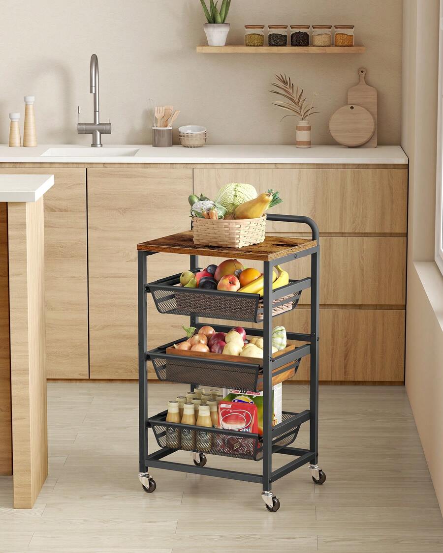 Carrello da Cucina a 4 Ripiani, con Cesti Scorrevoli, Carrellino da Cucina con Rotelle, con Maniglia, 31,7 x 40 x 76 cm, Marrone Vintage e Nero Inchiostro - nero - Visualizzare 1