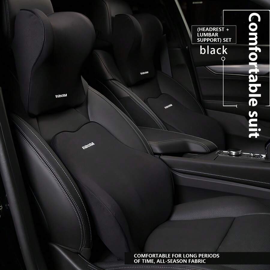 Juego de reposacabezas y cojín lumbar ergonómico para automóvil - Almohada de cuello de espuma de memoria para mayor comodidad, adecuada para la mayoría de los modelos de automóviles - Negro - Ver 1