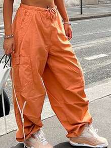 Outdoor Sports Retro Cargo Pants, Street Hip Hop Chic, Drawstring Pleated Pockets, Loose Slimming Wide Leg Casual Pants