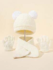 3pcs Beige Pom Pom Knitted Hat, Scarf And Gloves Set, Warm Knitwear Suit For Kids