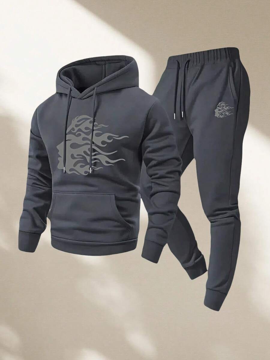 Men's Two-Piece Casual Suit, Long-Sleeved Hooded Sweatshirt Paired With Sweatpants, Tracksuit Set, Sweatshirt, Jogging Pants - 深灰色 - 查看 1