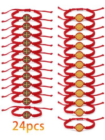 6 PIEZAS/24 PIEZAS Pulsera de San Benito hecha a mano con cuerda nudosa roja y negra, pulsera ajustable con medalla, rosario, pulsera trenzada de la suerte, bendición de la serenidad benedictina, pulsera de la , regalo para MAMÁ, mujeres y hombres