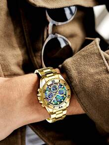 BIDEN 畅销男士腕表，商务男士腕表，运动计时腕表，带日历和夜光功能，不锈钢表带，防水男士腕表，附赠表带拆卸工具和礼盒 - 金色 - 查看 8