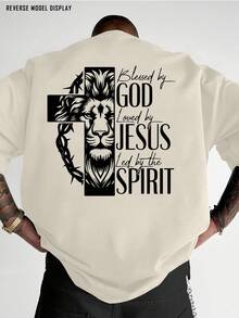 Men's Christian Religious Pattern T-Shirt - Bold Print On Back "God Bless - Jesus Praises - Holy Spirit Loves", Red Crew Neck Shirt, Suitable For Church, Casual Outfits, Machine Washable Gift, Street Fashion, Lion Face Design, Breathable Fabric, Comfortable Fit, Faith Clothing, Lightweight Short Sleeve Top, Street Style Enthusiasts - Unisex Plus Size Top - 杏色 - 查看 2