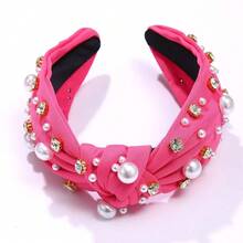 Pearl Knotted Headband For Women White Pearl Rhinestone Crystal Jeweled Embellished Hairband Fashion Elegant Ladies Wide Top Knot Bride Boho Head Band Headpieces Bachelorette Party Hair Accessories - 熱粉色結髮帶 - 查看 9