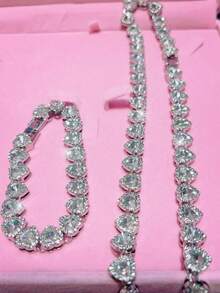 1pc/2pcs Rhinestone Heart Chain Jewelry Set, Sparkling Necklace & Bracelet, Romantic Gift For Women, Silver Necklaces For Women Girlfriend & Lover Chain Necklaces Christmas Jewelry For Women Stocking Stuffers Thanksgiving Christmas Decoration Matching Bracelets - Amour Heart - 查看 2
