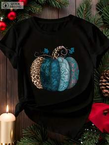 Women's Plus Size Pumpkin Orange & Brown Leopard Spots Graphic Tee - Casual Summer Top, Round Neck T Shirts, Breathable Material, Short Sleeve Shirt, Womens Summer Clothing - 黑色 - 查看 1