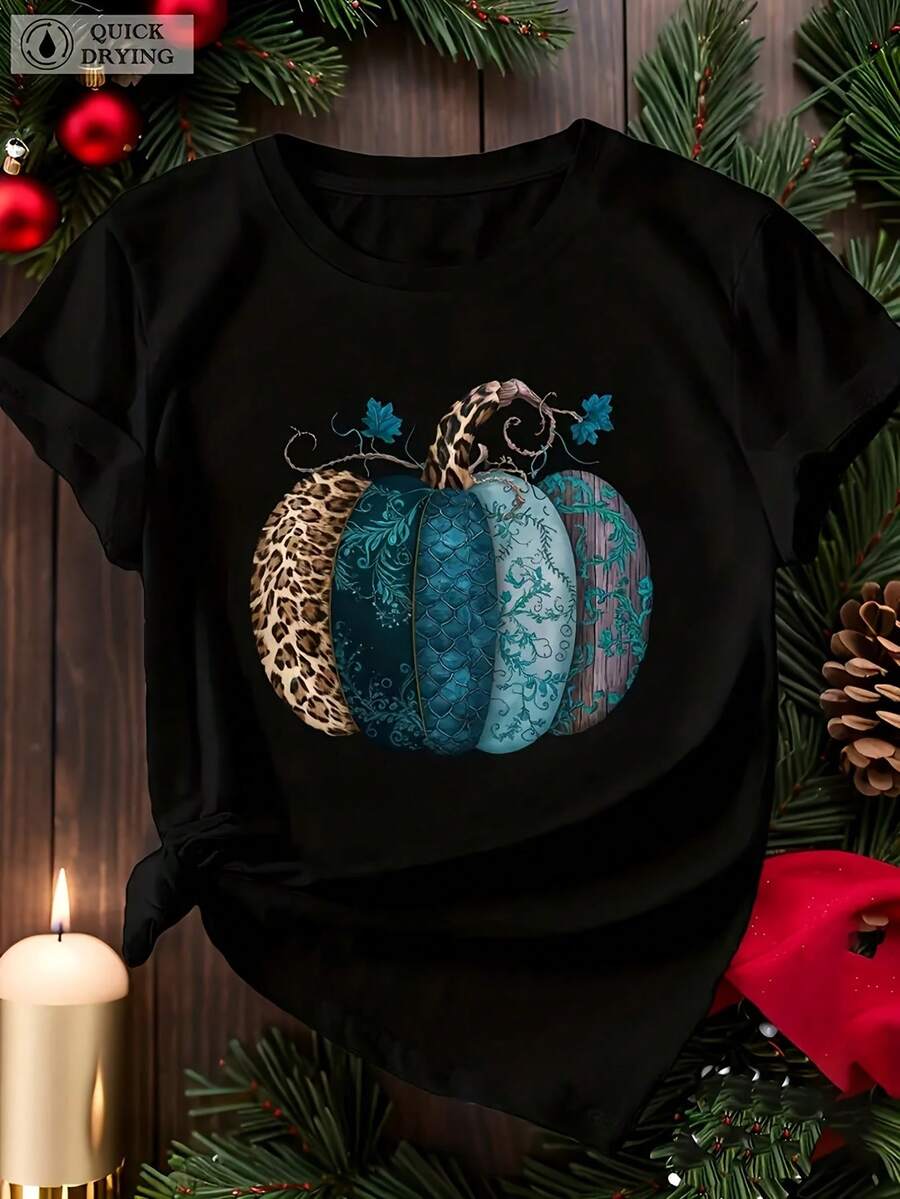 Women's Plus Size Pumpkin Orange & Brown Leopard Spots Graphic Tee - Casual Summer Top, Round Neck T Shirts, Breathable Material, Short Sleeve Shirt, Womens Summer Clothing - 黑色 - 查看 1