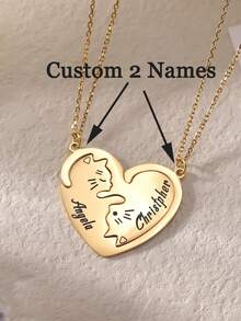 Customized Name Double Cat Necklace, Best Friend Necklace Set, Personalized Couple Necklace, Puzzle Pendant Friendship Necklace, Sister Necklace, Exquisite Jewelry Gift For Birthday, Anniversary, Christmas, Halloween, Wedding - Multicolor - View 1