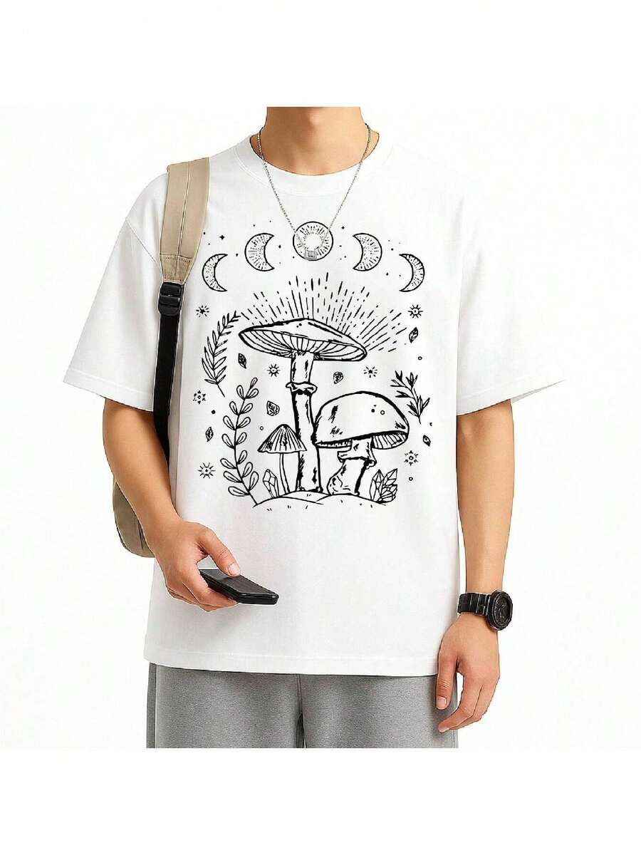 Unisex 100% Cotton Mystical Mushroom Moon Phases T-Shirt Streetwear Launch Shipping Today!! - 白色 - 查看 1
