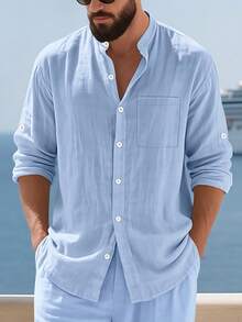 1pc Men's Breathable Linen Button-Down Shirt, Convertible Sleeve Design, Size XS - XXXL, Suitable For Daily Wear, Beach Travel, Outdoor Cafe, Weekend Hiking & Casual Workday, For Fall - Baby Blue - View 2