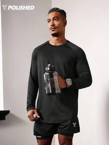 Boyfriend Style Men Solid Raglan Sleeve Curved Hem Sports Tee Long Sleeve Shirt Workout Tops Fall Fall Breathable - Black - View 4