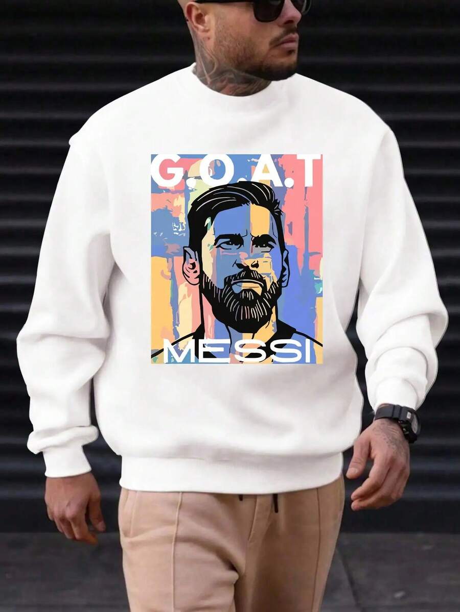 GOAT MESSI Graphic Sweatshirt For Men - Casual Pullover In Royal Blue Polyester With Vibrant Abstract Art Design, Round Neck, Machine Washable - Trắng - Xem 1