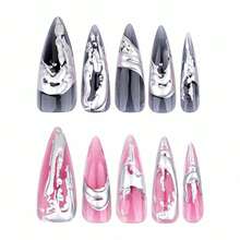 Stiletto Press On Nails Long Fake Nails Black Pink Ombre Glue On Nails 3d Ripple Sliver Chrome Y2k Acrylic Nails 24Pcs Goth Handmade Almond False Nails Manicure Full Cover Stick On Nails - 多色9 - 查看 3