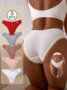 5pcs Briefs Panties Ribbed Knickers Women's High Elastic Underpants Panty Solid Color Underwear Letter Design Lingerie Low-Waist