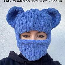 Ny stickad mössa med björnöron för kvinnor, stickad mössa med förtjockad ansiktsmask för vuxna, höst/vinter - A - Visa 6