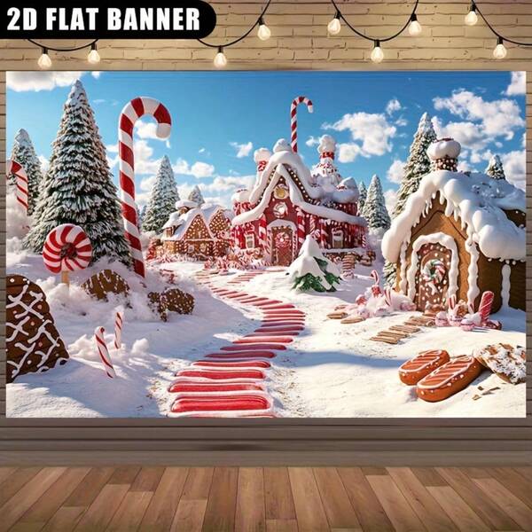 2D Flat, 1pc Christmas Gingerbread House Background - Snowy Winter Scene, Red & White Candy Canes, Gingerbread House, Photography & Fairytale Backdrop, Christmas Decor, Gingerbread Photo Background, Candy Christmas Curtain