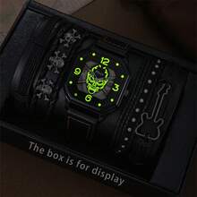 5pcs Men's Gift Set: Skeleton Dial Luminous Pointer Street Fashion PU Strap Quartz Watch, Skeleton Bracelet, Suitable For Gifts, Festivals