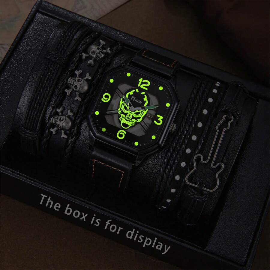 5pcs Men's Gift Set: Skeleton Dial Luminous Pointer Street Fashion PU Strap Quartz Watch, Skeleton Bracelet, Suitable For Gifts, Festivals
