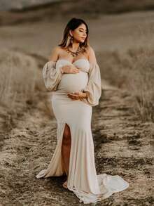 Irresista Maternity 2 Pcs Set Lantern Sleeves Tube Top Slit Long Train Skirt For Photoshoot Baby Shower - Apricot - View 10