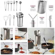 Juego de utensilios de cocina de acero inoxidable u2013 10 piezas antiadherentes y resistentes al calor, volteador, servidor de espaguetis, cucharn, cucharas para servir, batidor, pinzas, triturador de - Pago - Ver 1