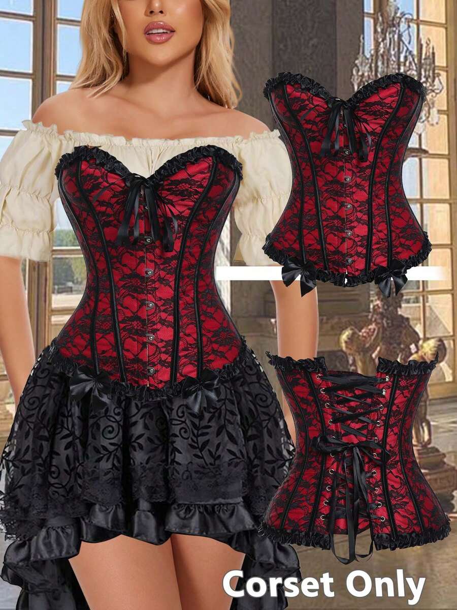 Victorian Corset Top Womens Bustier Gothic Lingerie For Halloween Costume Brocade Corsets Floral With Lace Trim Corset Overbust Waist Cincher With Boning Snatched Waist Tummy Control - Ren-Đỏ & Đen - Xem 1