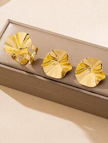 3pcs/Set Punk Style Gold Metal Geometric Pleated Round Pendant Earrings & Ring Set, Suitable For Women's Daily & Party Outfits - Yellow Gold - View 2