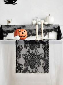 1pc-Black Lace Skull Printed Tablecloth, Halloween Party Tablecloth Decoration, Suitable For Horror-Themed Bar Decoration, Home Decoration, Table Decoration - Black - View 6