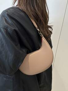 1pc PU Solid Color Zipper Crescent Underarm Bag, Fashionable Retro Shoulder Bag, Suitable For Office Ladies, Versatile Use - Khaki - View 4