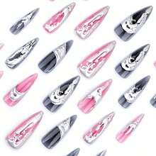 Stiletto Press On Nails Long Fake Nails Black Pink Ombre Glue On Nails 3d Ripple Sliver Chrome Y2k Acrylic Nails 24Pcs Goth Handmade Almond False Nails Manicure Full Cover Stick On Nails - 多色9 - 查看 4