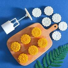Mooncake Mold With 6 Stamps,Mid-Autumn Festival Hand-Pressure Flower Moon Cake Mould 50g DIY Decoration Mooncake Press Molds - 圓形的 - 查看 2
