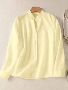 女士纯色V领纽扣衬衫 - 长袖休闲优雅上衣，带口袋设计，适合度假、旅行和日常穿着，春、夏、秋、冬四季必备单品 - 杏色 - 查看 3